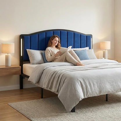 Headboard for King Size Bed with LED Lights, Upholstered Vertical Channel Tufting Head Boards, Velvet Headboard Only, Study & Comfortable, Ideal for Bedroom, Dorm, Guest Room, Blue