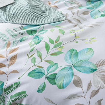 FADFAY Botanical Duvet Cover Set Twin XL 100% Cotton College Bedding Teal Green Leaves Print Comforter Cover Set Soft Breathable Dorm Room School Bedding Twin Extra Long with Zipper 3 Pieces