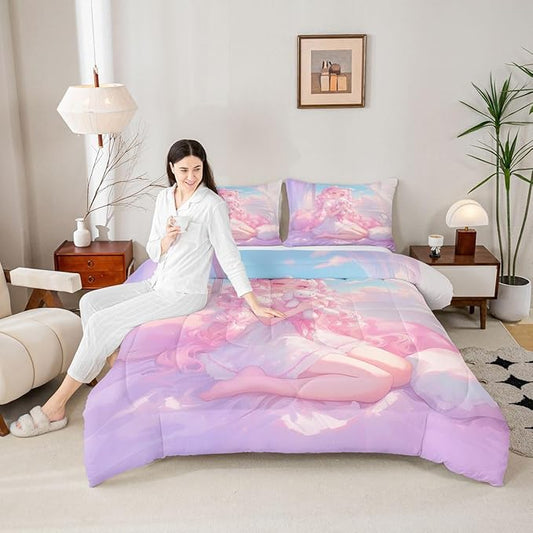 Erosebridal 3D Japanese Girl Bedding Sets Twin - Romance Style Comforter Set for Kids Adults Japanese Anime Girly Duvet Insert Anime Gifts Quilt