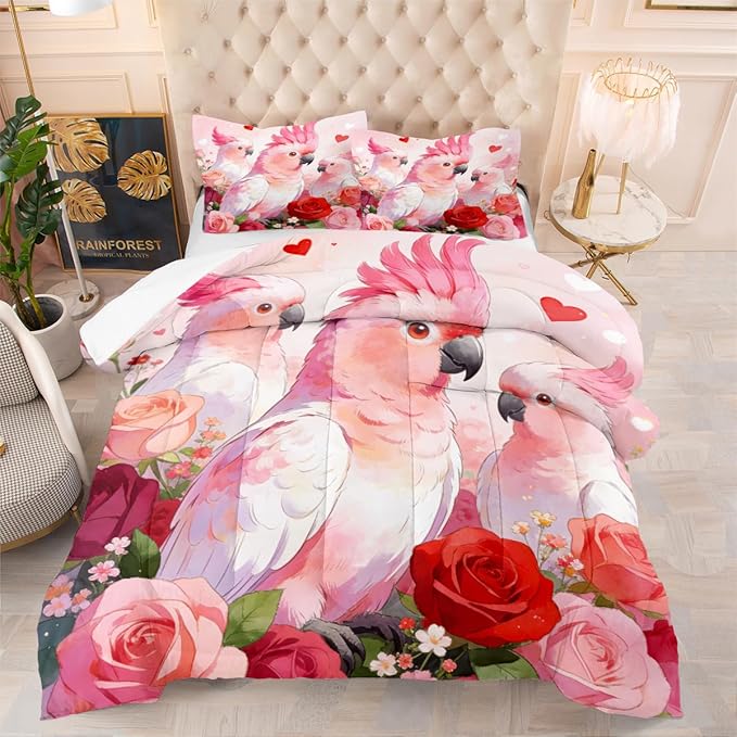 Women Girls Romantic Parrot Comforter Set, Twin Size 2-Piece Pink Roses Comforter Sets, 1 Comforter 68"x 90", 1 Pillowcase, Soft Microfiber