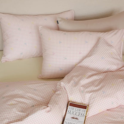 Pink Gingham Comforter Set Full Bow Plaid Bedding Set Light Weight Down Alternative Fluffy Cotton Bedding Comforter Sets for Girls Boho Country Cute Bed Comforter with 2 Pillowcases