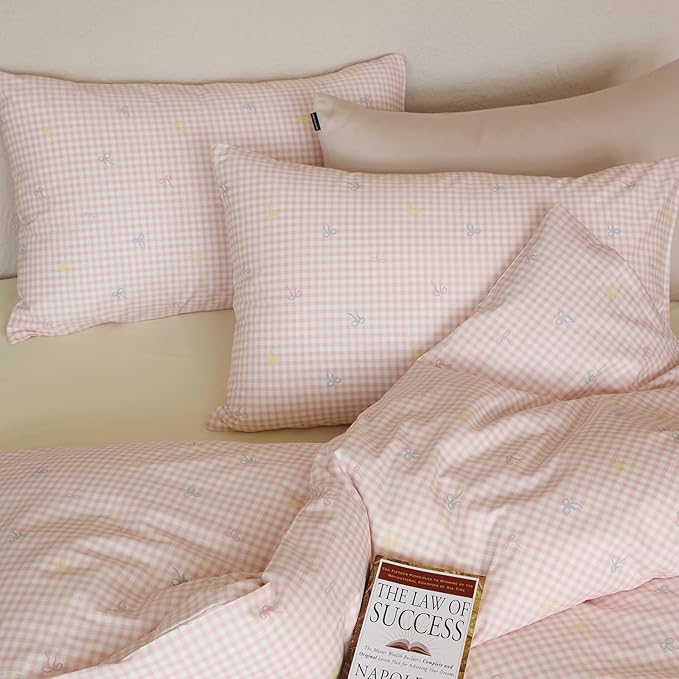 Pink Gingham King Bed Comforter Set Bow Plaid Bedding Set Light Weight Down Alternative Fluffy Cotton Bedding Comforter Sets for Girls Boho Country Cute Bed Comforter with 2 Pillowcases