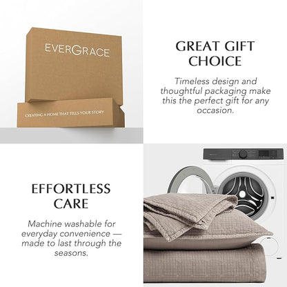 EVERGRACEHOME Stonewashed Cotton Quilt Set Queen Size, Ultra Soft Oversized Bedspread Coverlet Set, Lightweight Crinkle Box Stitch Bedding Sets for All Season, with 2 Shams, Truffle Taupe Brown