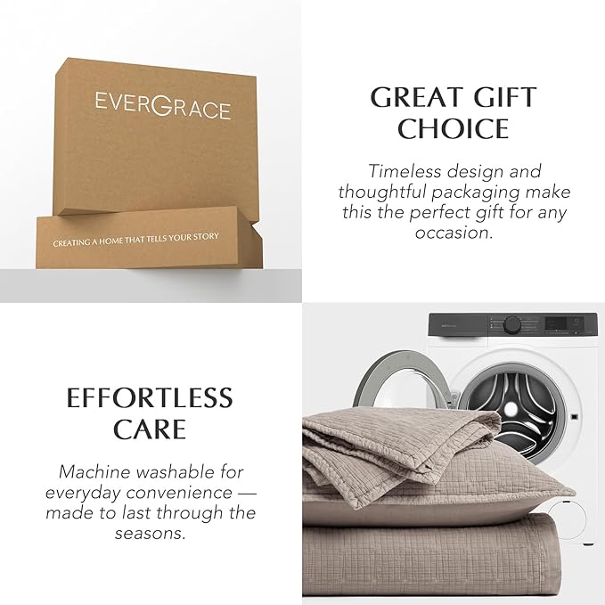 EVERGRACEHOME Stonewashed Cotton Quilt Set King Size, Ultra Soft Oversized Bedspread Coverlet Set, Lightweight Crinkle Box Stitch Bedding Sets for All Season, with 2 Shams, Truffle Taupe Brown