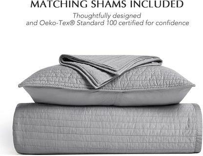 EVERGRACEHOME Cotton Sateen Quilt Set King Size, Pre-Washed Cotton Channel Stitch Coverlet Bedspread, 3 Pieces Lightweight Soft Bedding Sets for All Season, with 2 Pillow Shams, Fog Gray