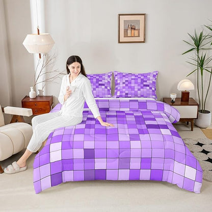 Pixelated Blocks Miners Kids Bedding Set King Size,Video Games Game Gamepad Comforter Set,Geometric Grid Patchwork Quilt Comforter,Purple Bedroom Duvet Insert,2 Pillowcases
