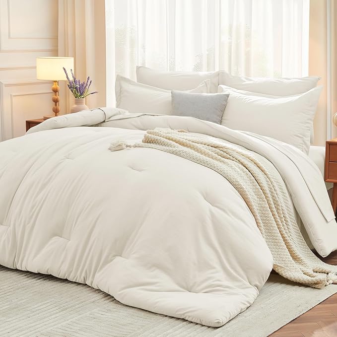 MUXHOMO 7 Pieces Queen Comforter Set, Soft Bed in a Bag Queen Size, All Season Bedding Set with Comforter, Flat Sheet, Fitted Sheet, Pillowcases & Shams, Ivory