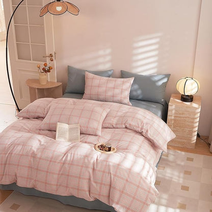 EAVD Pink Gingham Comforter Set King Soft Fluffy Pink Plaid Comforter Set 3 Pieces Modern Grid Checkered Pattern Bedding Set for All-Season Farmhouse Gingham Bedding Set for Boy Women Men