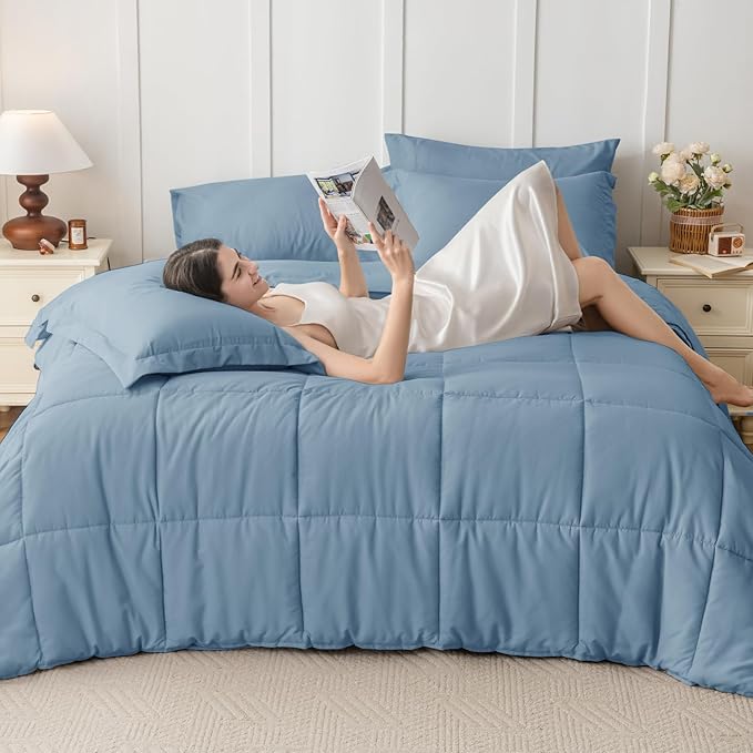 JOLLYVOGUE Full Comforter Set, Ultra-Soft Bed in a Bag Full Size 7 Pieces, Oeko-TEX Certified Bedding Set with Down Alternative Comforter, Sheets, Pillowcases & Shams, Dusty Blue