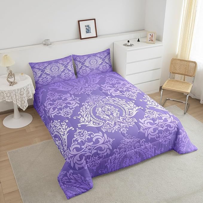 Feelyou Adults Purple Vintage Damask Floral Comforter Set Oriental Antique Comforter Twin Size Gothic Bohemia Boho Flower Bedding Set Bohemian Exotic Duvet Set Quilt Set 2Pcs