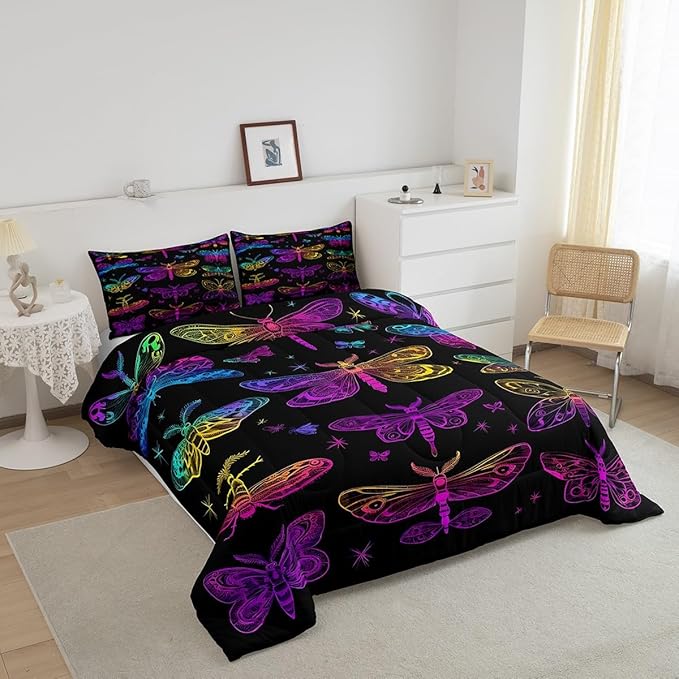 Erosebridal Death Moth Bedding Set, Ombre Butterfly Dragonfly Comforter Set for Kids Girls Teens, Gradient Rainbow Butterflies Bedding Comforter Sets, Psychedelic Colorful Wildlife Quilt, Twin