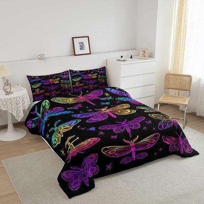 Erosebridal Butterfly Bedding Set, Trippy Ombre Dragonfly Comforter Set for Kids Girls Teens, Gradient Rainbow Butterflies Bedding Comforter Sets, Psychedelic Colorful Wildlife Quilt, Full