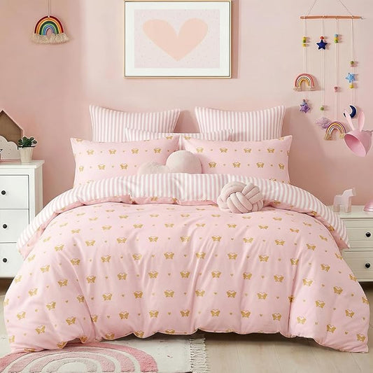 Pink Comforter Set Full Gold Heart Butterfly Bedding Set for Girls Kids, Reversible Pink White Wide Striped Pattern, Coquette Comforter 3 Pieces, with 2 Pillowcases, Soft 100% Microfiber