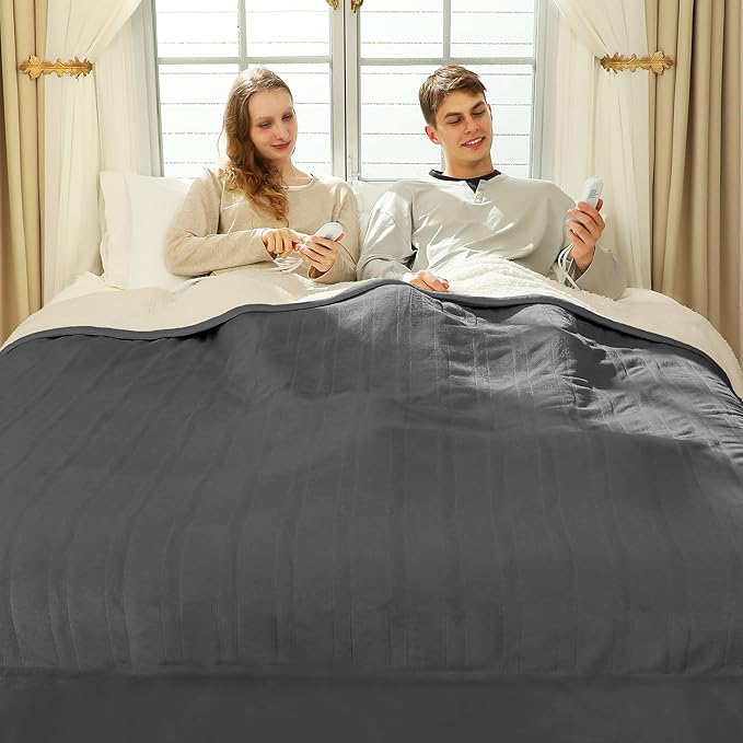 Electric Blanket King 100" x 90" - Soft Flannel Sherpa Heated Blanket with Dual Control, 5 Heating Levels & 10 Hours Auto Off, Heating Blanket with ETL Certification (Grey)