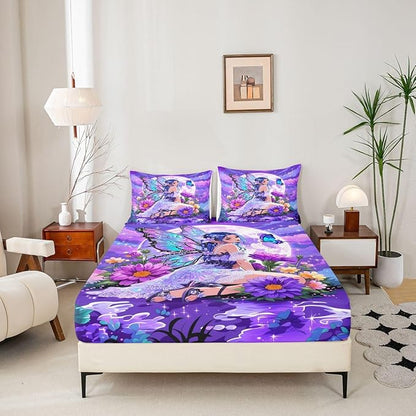 Erosebridal Fairy Girl Fitted Sheet Queen Flower Fairytale Bed Sheets for Boys Girls Blue Butterfly Floral Decor Bed Set Purple Galaxy Moon Sheets with 2 Pillowcases