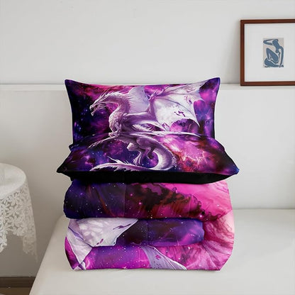 Flying Dragon Comforter Set Queen Size,Galaxy Outer Space Bedding Set for Kids Boys Teens Adults Room Decor,Starry Sky Western Magical Animal Duvet Insert 3Pcs,Nebula Glitter Quilt Set,2 Pillowcases