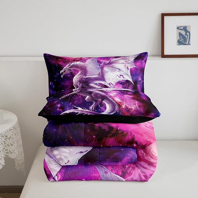 Flying Dragon Comforter Set King Size,Galaxy Outer Space Bedding Set for Kids Boys Teens Adults Room Decor,Starry Sky Western Magical Animal Duvet Insert 3Pcs,Nebula Glitter Quilt Set,2 Pillowcases