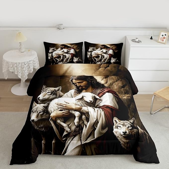 Castle Fairy Sheep and Wolf Kids Comforter Set,Wildlife Animals Bedding Set All Season,Rustic Farmhouse Comforter 2 Pcs with 1 Pillowcase,Toddler Size