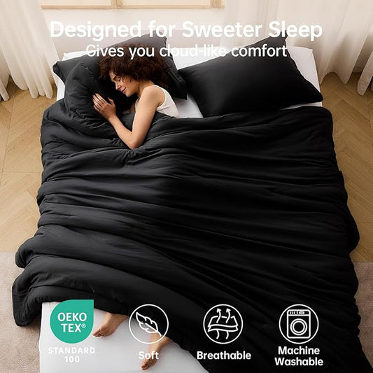 MUXHOMO Black King Size Comforter Set, All Season Ultra Soft Down Alternative Bedding - 3 Piece Lightweight Bed Set Includes 1 Comforter (104"x90") and 2 Pillow Shams (20"x36")
