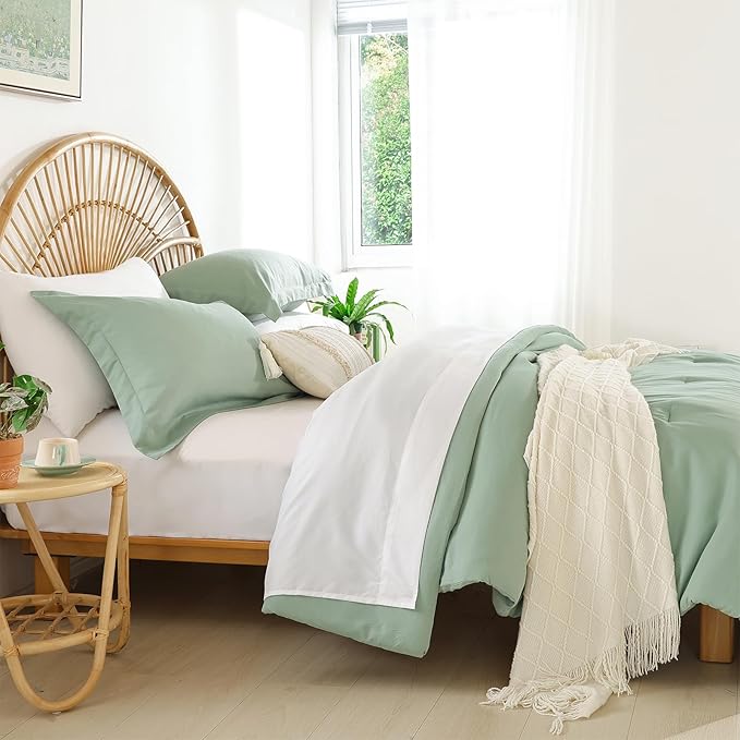 weigelia Bedding Set - 7pcs Sage Green Comforter Set for Queen Bed with Microfiber Sheets, Pillow Shams and Pillowcases - All Season Boho Style