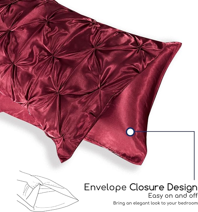 MR&HM Satin Comforter Queen 7 Pieces - Luxurious Pinch Pleat Bedding Set with Comforter, Flat Sheet, Fitted Sheet, Pillowcases & Shams, Super Silky Soft Bed Set for All Season (Queen, Burgundy)
