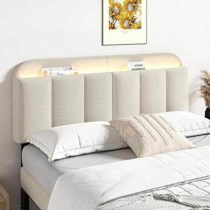 Adjustable Headboard for Full/Queen Size Bed Frame, Linen Fabric Bed Headboard with Storage & RGB LED Light in Modern Vertical Channel Design, White