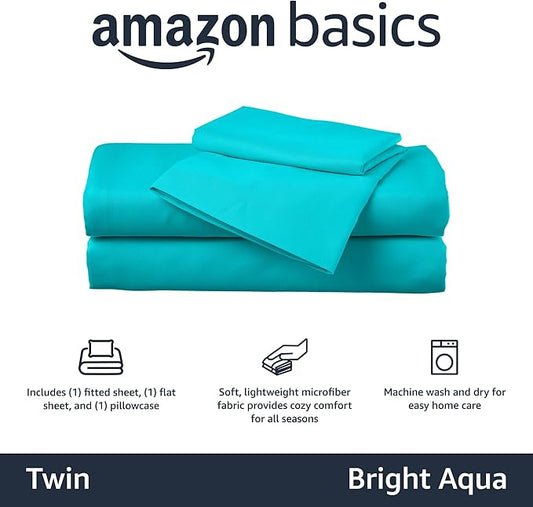 Amazon Basics Kid's Soft Easy-Wash Lightweight Microfiber 3-Piece Sheet Set, Twin, Bright Aqua, Solid (Pack of 4)