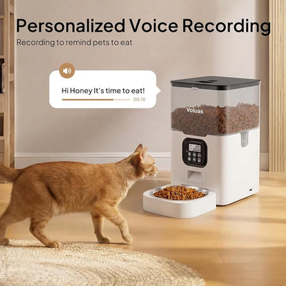 VOLUAS Automatic Cat Feeder, 6L Timed Dry Food Dispenser for Cats & Dogs | Programmable Portion Control, Up to 4 Meals Daily, Dual Power Supply, Power-Off Memory, 10-Second Voice Recorder