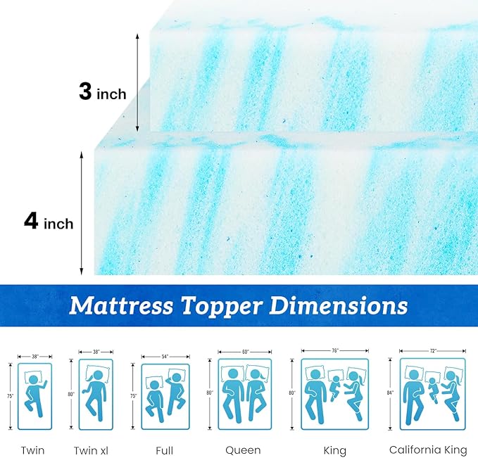 Sweetcrispy Mattress Topper Twin, Memory Foam 4 Inch Thick Gel Infused Cooling Toppers Pad for Twin Size Bed, Sleeper Sofa, RV, Camper, CertiPUR US, Breathable