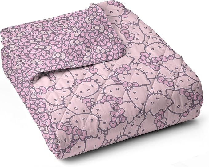 Northwest Sanrio Hello Kitty Reversible Quilted Throw, Kawaii Pink Pattern, Cozy & Warm, for Anime Fans, Game Room, Chair or Couch, 60 x 80 Inches