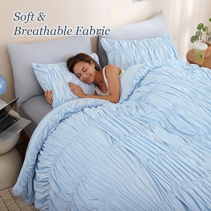 weigelia Cinched Comforter Set King – Soft Ruched Bedding Set, 3PCS Light Blue All-Season Fluffy Lightweight Comforter with Pillowcases for Bedroom, Apartment & Dorm Decor