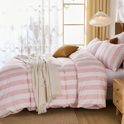 Merryword Pink and White Striped Duvet Cover Set King Size, 100% Cotton Bedding Set with Zipper Closure & 8 Corner Ties, Luxury Linen Like Bedding, Soft Breathable Comforter Cover for All Seasons