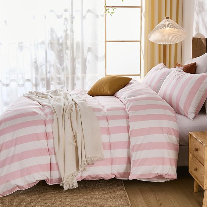 Merryword Pink and White Striped Duvet Cover Set Queen Size, 100% Cotton Bedding Set with Zipper Closure & 8 Corner Ties, Luxury Linen Like Bedding, Soft Breathable Comforter Cover for All Seasons