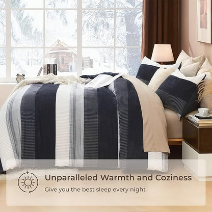 Litanika Fluffy Fleece Queen Comforter Set, Luxury Soft Plush Fuzzy Black Blue Stripe Bedding Comforter Sets, Warm Shaggy Faux Fur Bed Set All Season (1 Comforter, 2 Pillowcases)