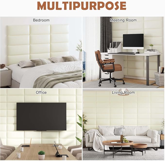 IFNOW Wall Mounted Headboard, Peel and Stick Panels, White, King | Upholstered 3D Soundproof Acoustic Panels Reusable and Removable Padded Leather Bed Headboard, 12 Panels 9.84" x 23.62"