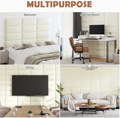 IFNOW Wall Mounted Headboard, Peel and Stick Panels, White, King | Upholstered 3D Soundproof Acoustic Panels Reusable and Removable Padded Leather Bed Headboard, 12 Panels 9.84" x 23.62"