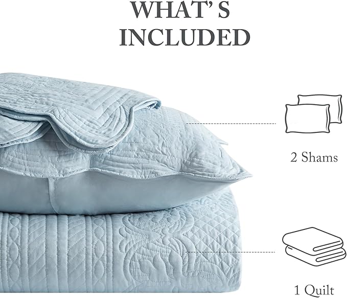 Madison Park King Quilt Set Damask Coverlet Set for King Size Bed, Cottage Oversized Quilt Set, Scallop Edge, All Season, Pre-Washed Cotton-Filled King Size Quilt, Tuscany, King/Cal King Blue 3 Piece