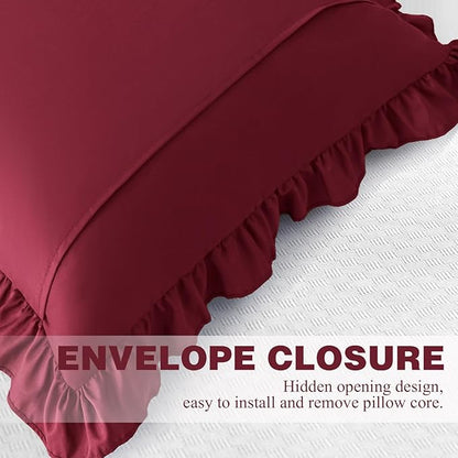 KKJIAF Ruffle Pillow Cases 26x26 Inches, Burgundy Square Ruffled Pillow Covers Set of 2, Microfiber Wrinkle Resistant Pillow Shams with Envelope Closure for Sofa Bed Living Room