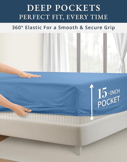 LANE LINEN 100% Egyptian Cotton King Bed Sheets, No Pill Cooling Sheets King Size, Soft & Comfy Sateen Weave for Silky Smooth Finish, Available in Variety of Colors - Blue Jasper