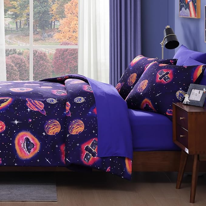 Full Kids Comforter Set - 7 Pieces Full Bedding Sets for Boys Teen, Outer Space Rocket Bed in A Bag with Sheets