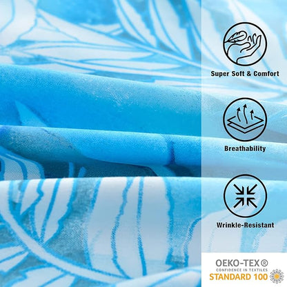 JSD Blue Tropical Leaves Print Sheet Set Queen, 4 Piece Soft Pattern Microfiber Bed Sheets Extra Deep Pocket