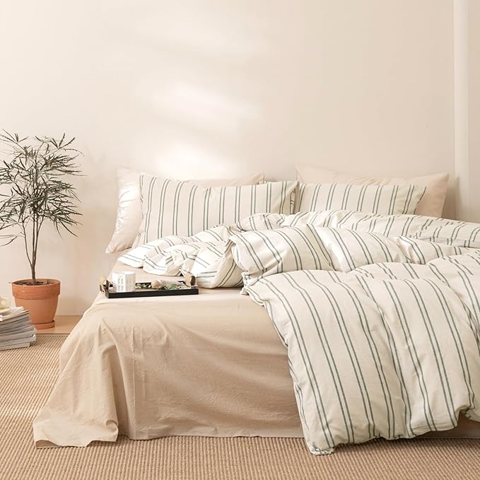 VM VOUGEMARKET Full Duvet Cover Set Beige Gray Striped Bedding Set Soft Washed Cotton 3 Pieces Dark Green Vertical Ticking Stripes Comforter Cover with Zipper Closure-80x90 Inch