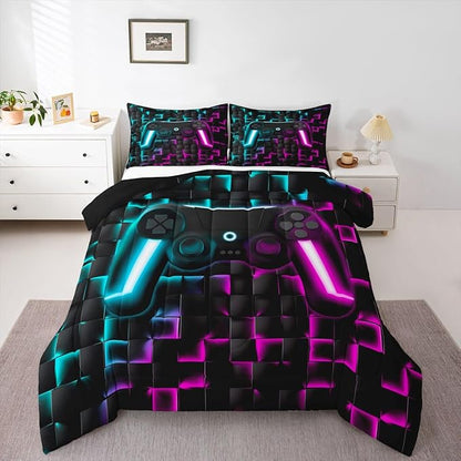Erosebridal Boys Gamer Comforter Set Gaming King Size Bedding Sets for Kids Boys Teen Men Neon Lights Ombre Checkered Video Games Bed Comforter Set 3D Geometric Game Console Quilt Blue Purple