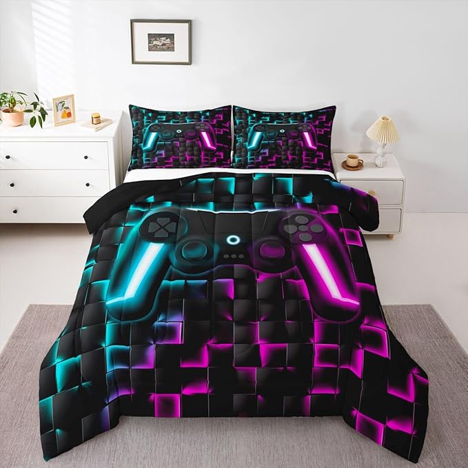 Erosebridal Boys Gamer Comforter Set Gaming Full Size Bedding Sets for Kids Boys Teen Men Neon Lights Ombre Checkered Video Games Bed Comforter Set 3D Geometric Game Console Quilt Blue Purple