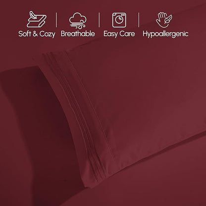 Elegant Comfort Luxurious 1500 Premium Hotel Quality Microfiber Three Line Embroidered Softest 4-Piece Bed Sheet Set, Wrinkle and Fade Resistant, RV Short Queen, Burgundy
