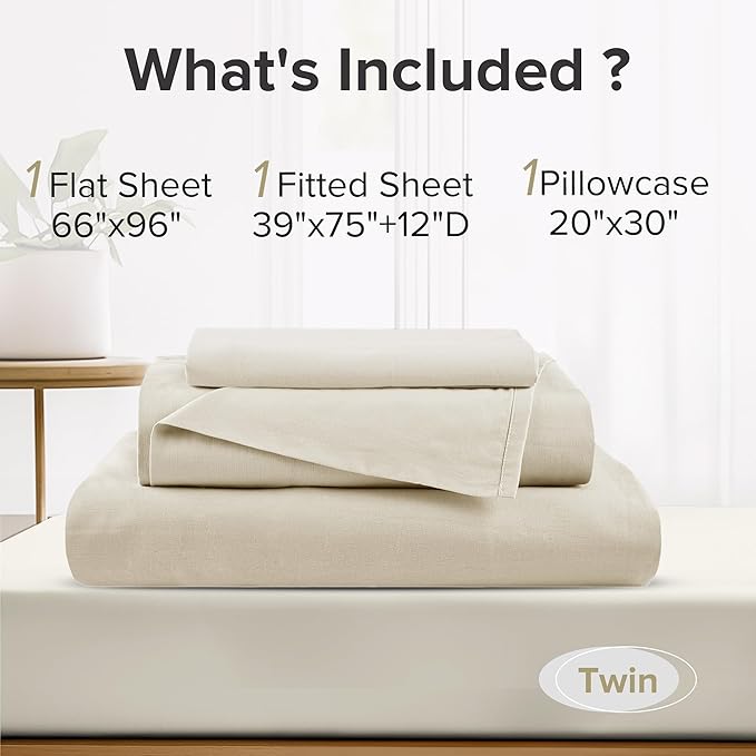 Comfort Spaces 100% Cotton Sheets Twin, Breathable & Ultra Soft Cotton Sheets, Naturally Cool Cotton Bed Sheets with 12" Elastic Pocket Fits up to 14" Mattress, All Seasons Sheet Set, Cream 3 Piece