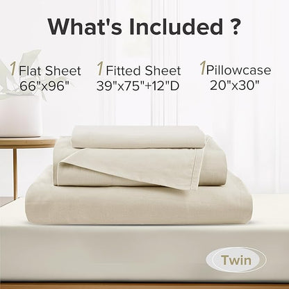 Comfort Spaces 100% Cotton Sheets Twin, Breathable & Ultra Soft Cotton Sheets, Naturally Cool Cotton Bed Sheets with 12" Elastic Pocket Fits up to 14" Mattress, All Seasons Sheet Set, Cream 3 Piece