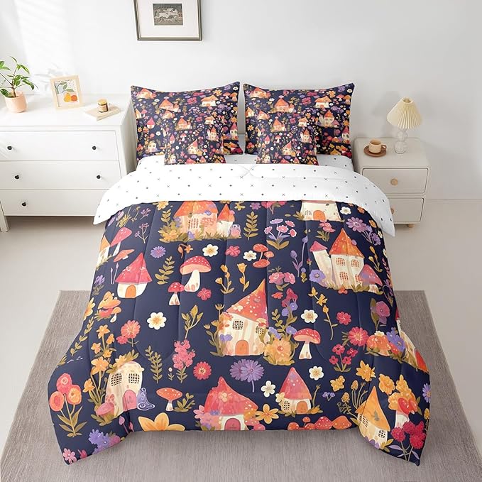 Castle Fairy Groovy Flowers 7 Pieces Bedding Set King Bed in a Bag,Watercolor Dreamy Flowers House Comforter Set for Bedroom Decor,Cartoon Jungle Mushroom Plants Soft Warm Microfiber Bedding