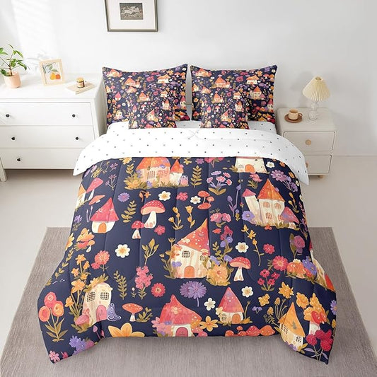 Castle Fairy Groovy Flowers 7 Pieces Bedding Set King Bed in a Bag,Watercolor Dreamy Flowers House Comforter Set for Bedroom Decor,Cartoon Jungle Mushroom Plants Soft Warm Microfiber Bedding