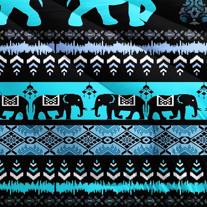 Western Comforter Set Queen Size Elephant Print Bedding for Kids,Blue Series Animal Themed Bedding Set for Boys Girls Room Decor,Boho Bedding Comforter Sets with 2 Pillowcases.